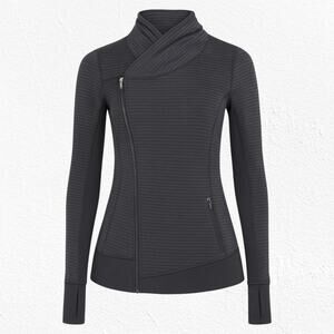 Lululemon Gray Microstripe Scuba Funnel Neck Asymmetrical Zip Wrap Jacket Size 6